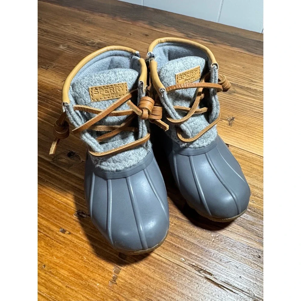 Sperry Saltwater Duck Boots Girls Size 7M Grey Wool Waterproof Rain Boots
